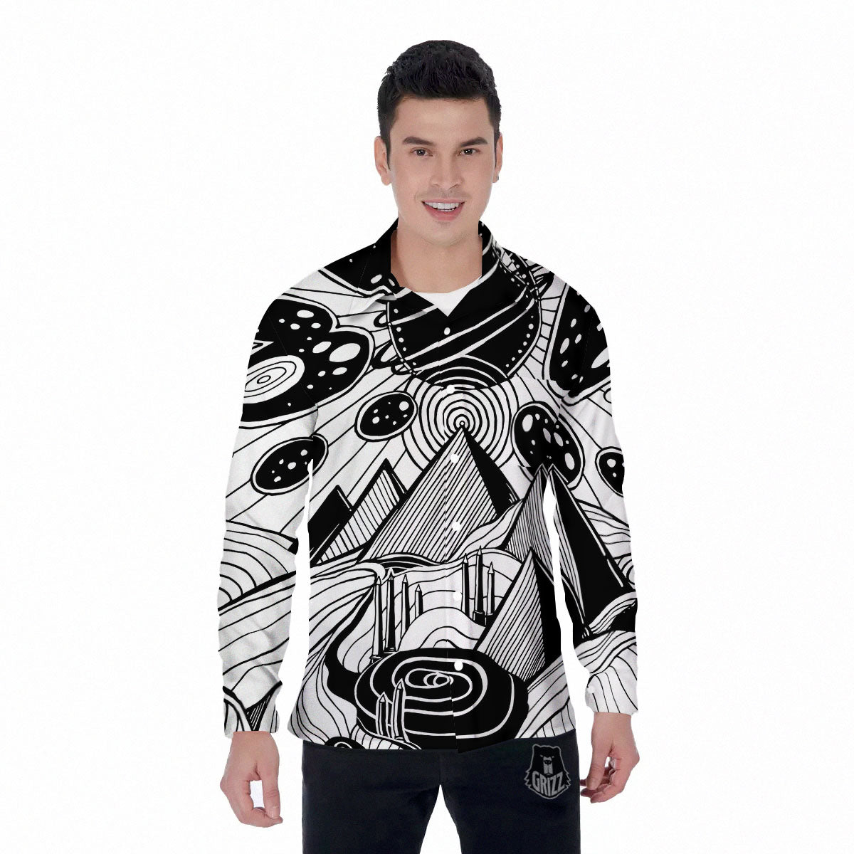 Pyramid UFO Print Men's Long Sleeve Shirts-grizzshop