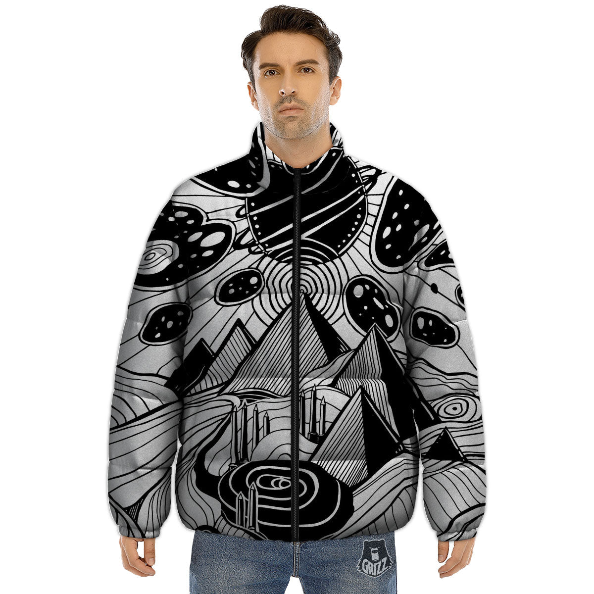 Pyramid UFO Print Puffer Jacket-grizzshop