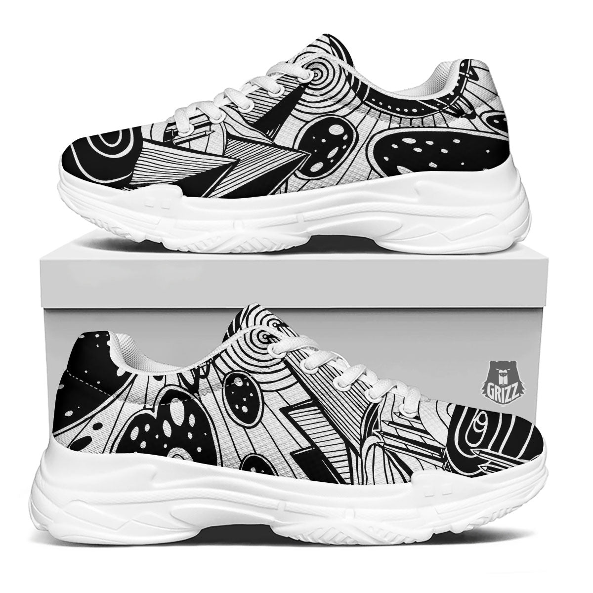 Pyramid UFO Print White Chunky Shoes-grizzshop