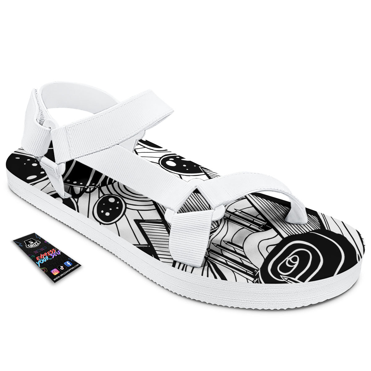 Pyramid UFO Print White Open Toe Sandals-grizzshop