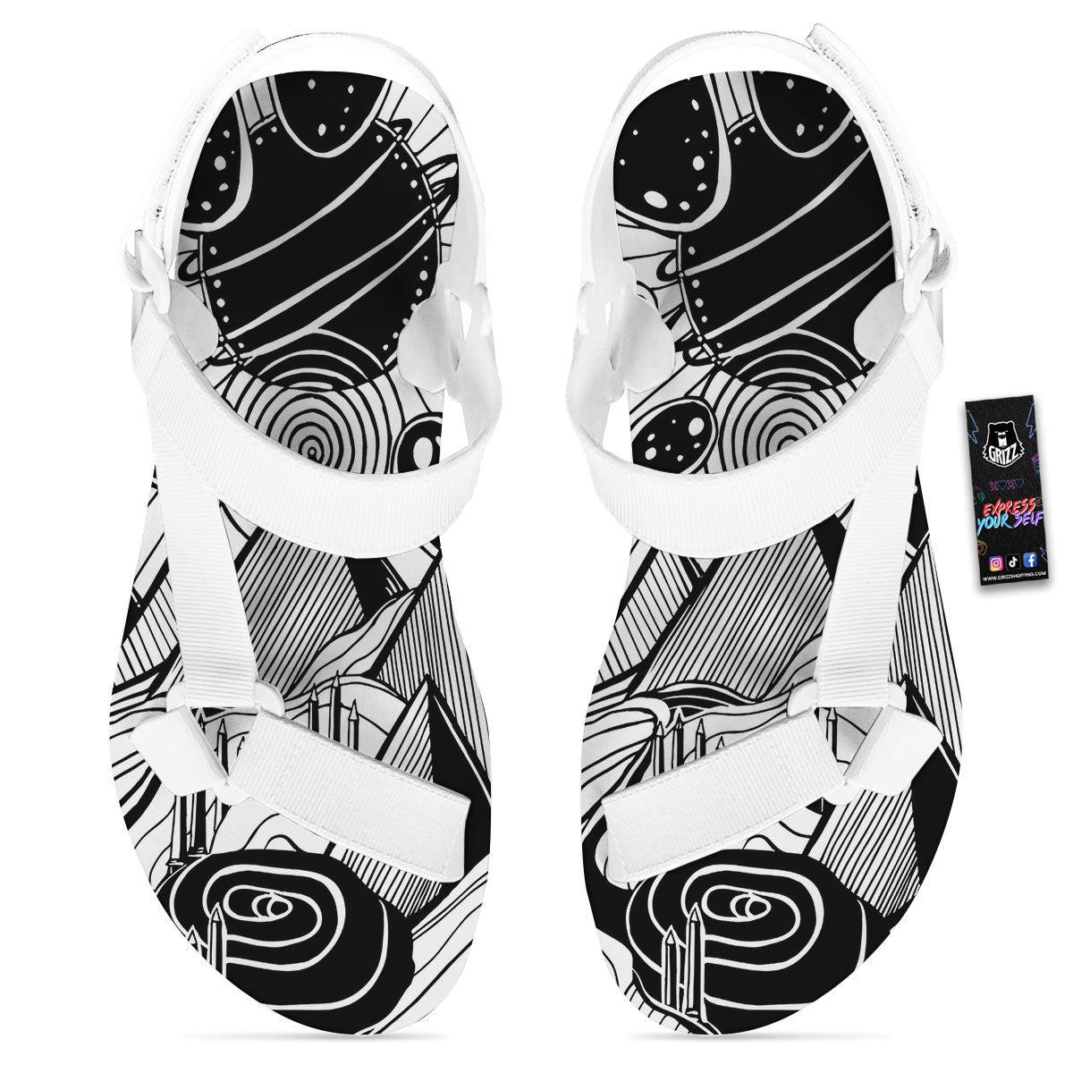 Pyramid UFO Print White Open Toe Sandals-grizzshop