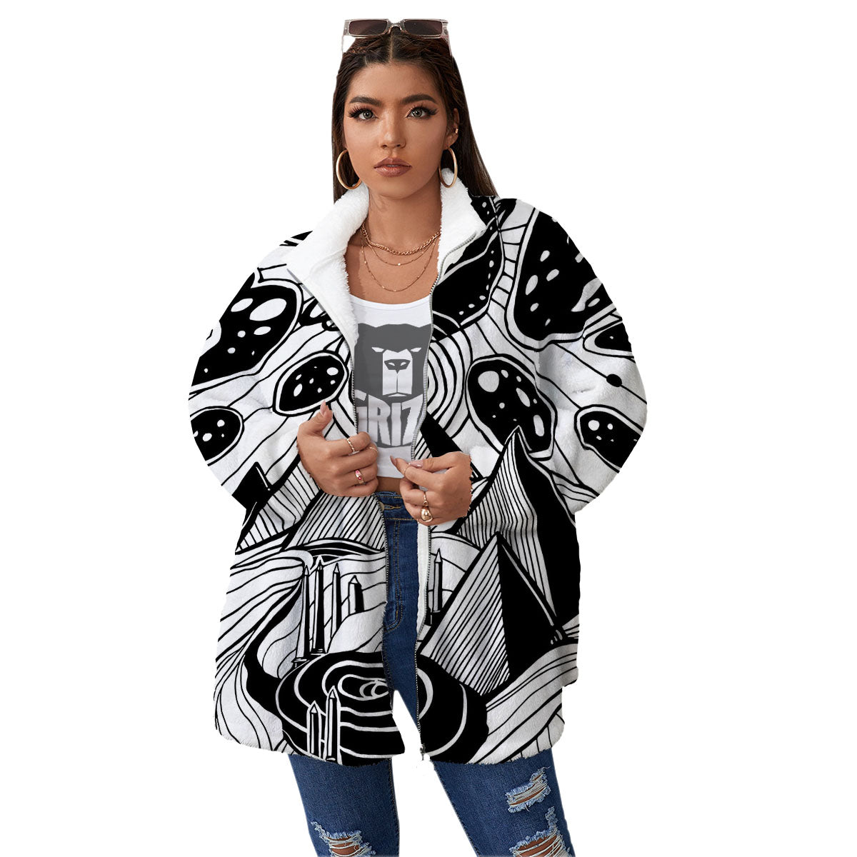 Pyramid UFO Print Women's Sherpa Jacket-grizzshop