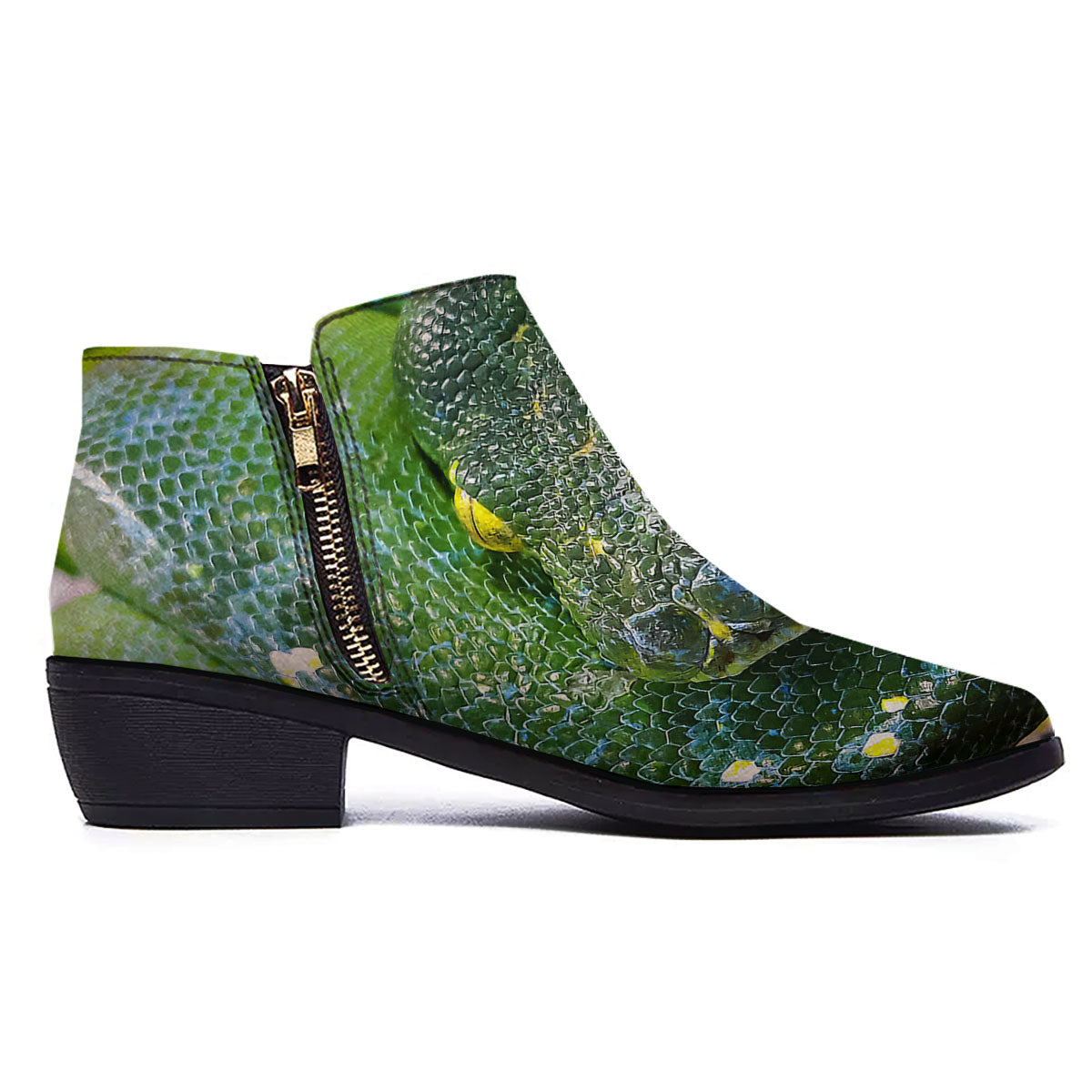 Python Snake Green Reticulated Print Ankle Boots-grizzshop