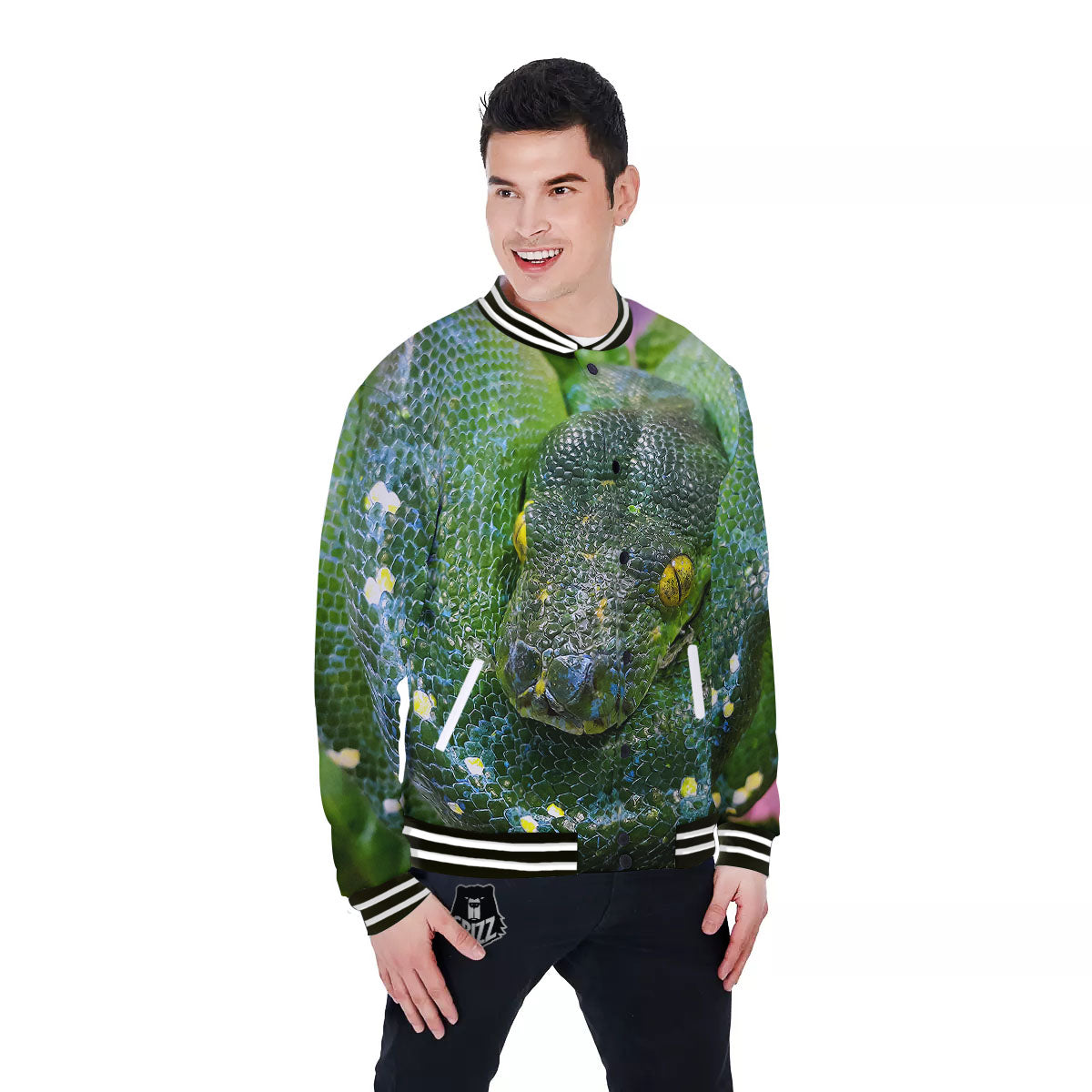 Python Snake Green Reticulated Print Baseball Jacket-grizzshop