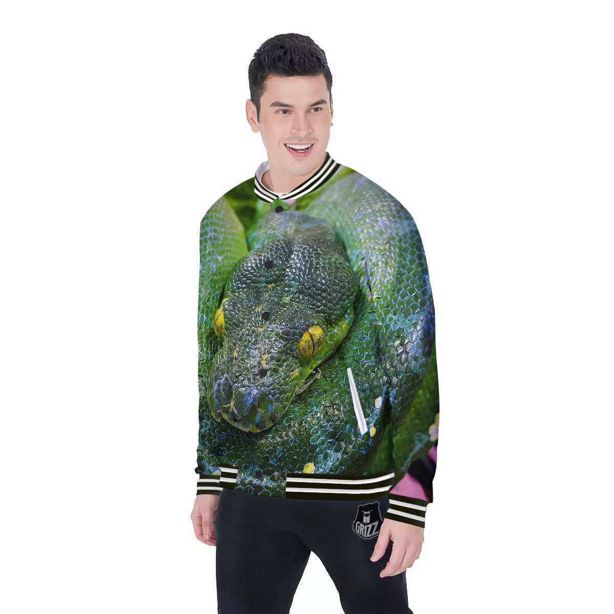 Python Snake Green Reticulated Print Baseball Jacket-grizzshop