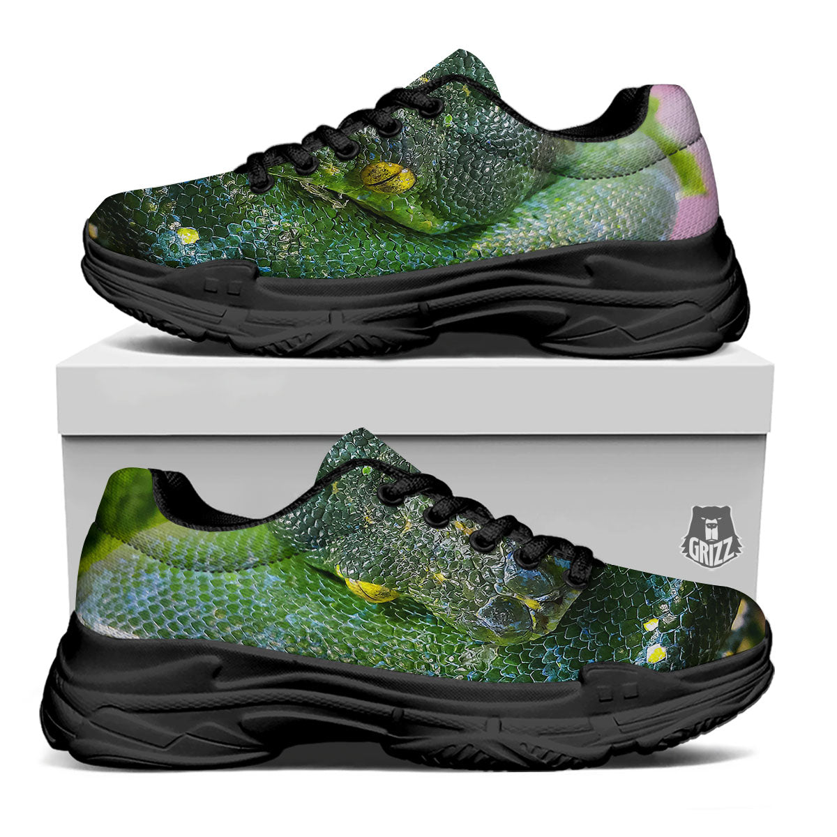 Python Snake Green Reticulated Print Black Chunky Shoes-grizzshop