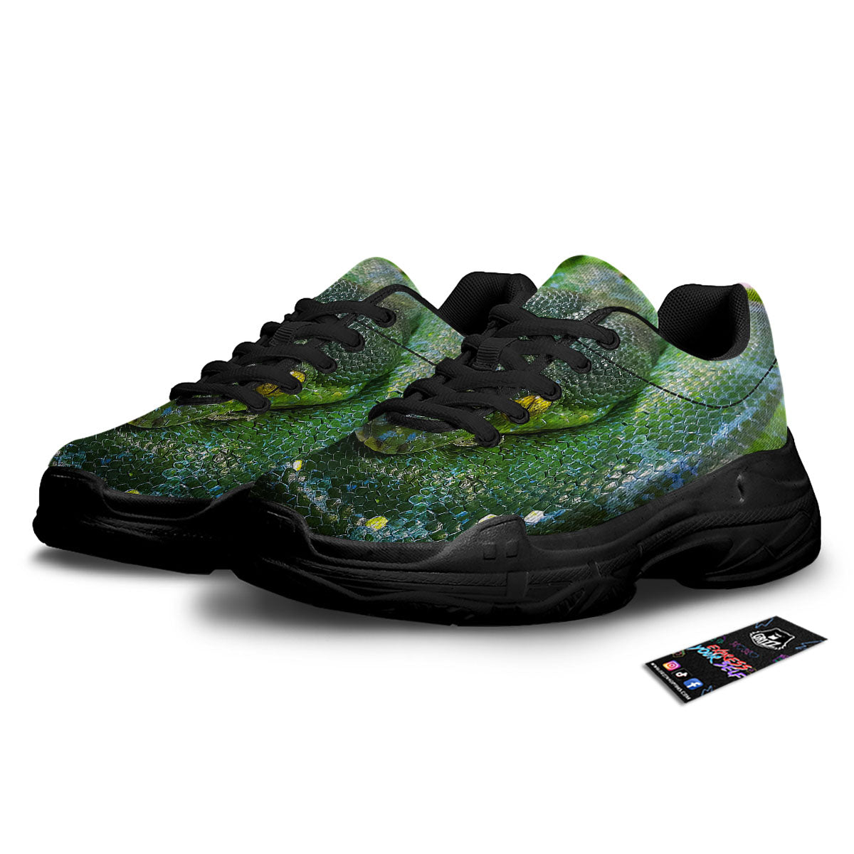 Python Snake Green Reticulated Print Black Chunky Shoes-grizzshop