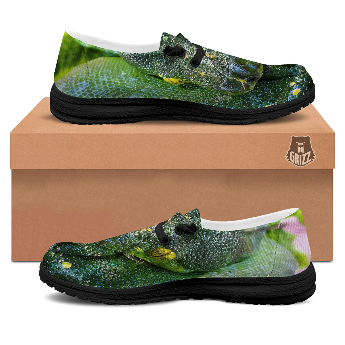 Python Snake Green Reticulated Print Black Loafers-grizzshop