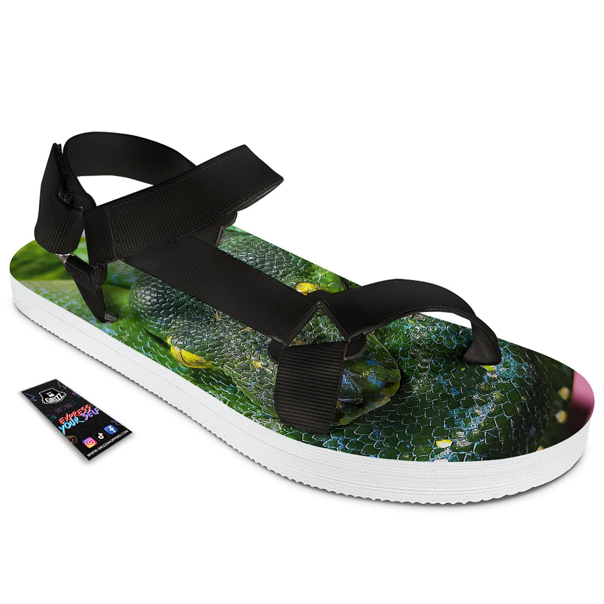 Python Snake Green Reticulated Print Black Open Toe Sandals-grizzshop