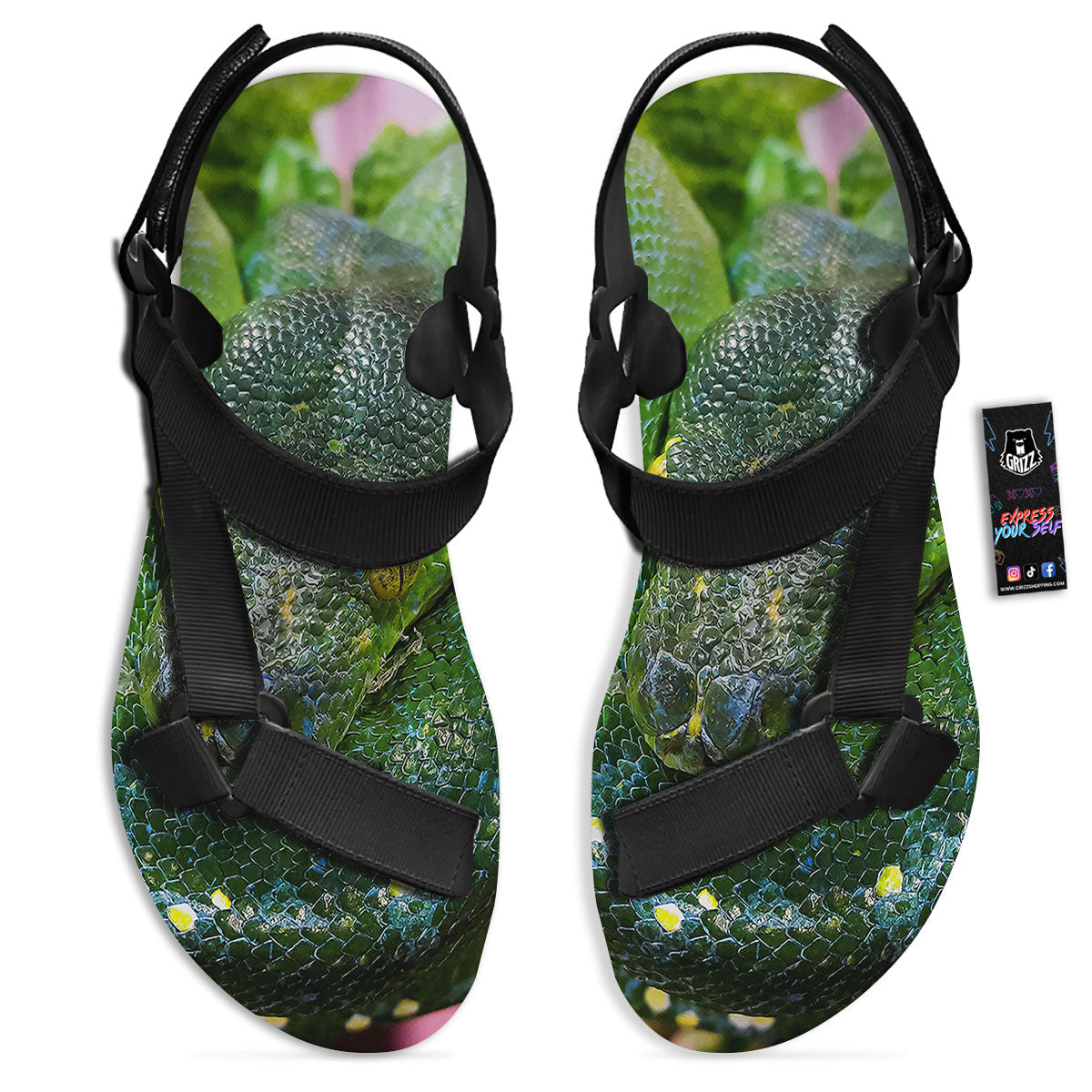 Python Snake Green Reticulated Print Black Open Toe Sandals-grizzshop