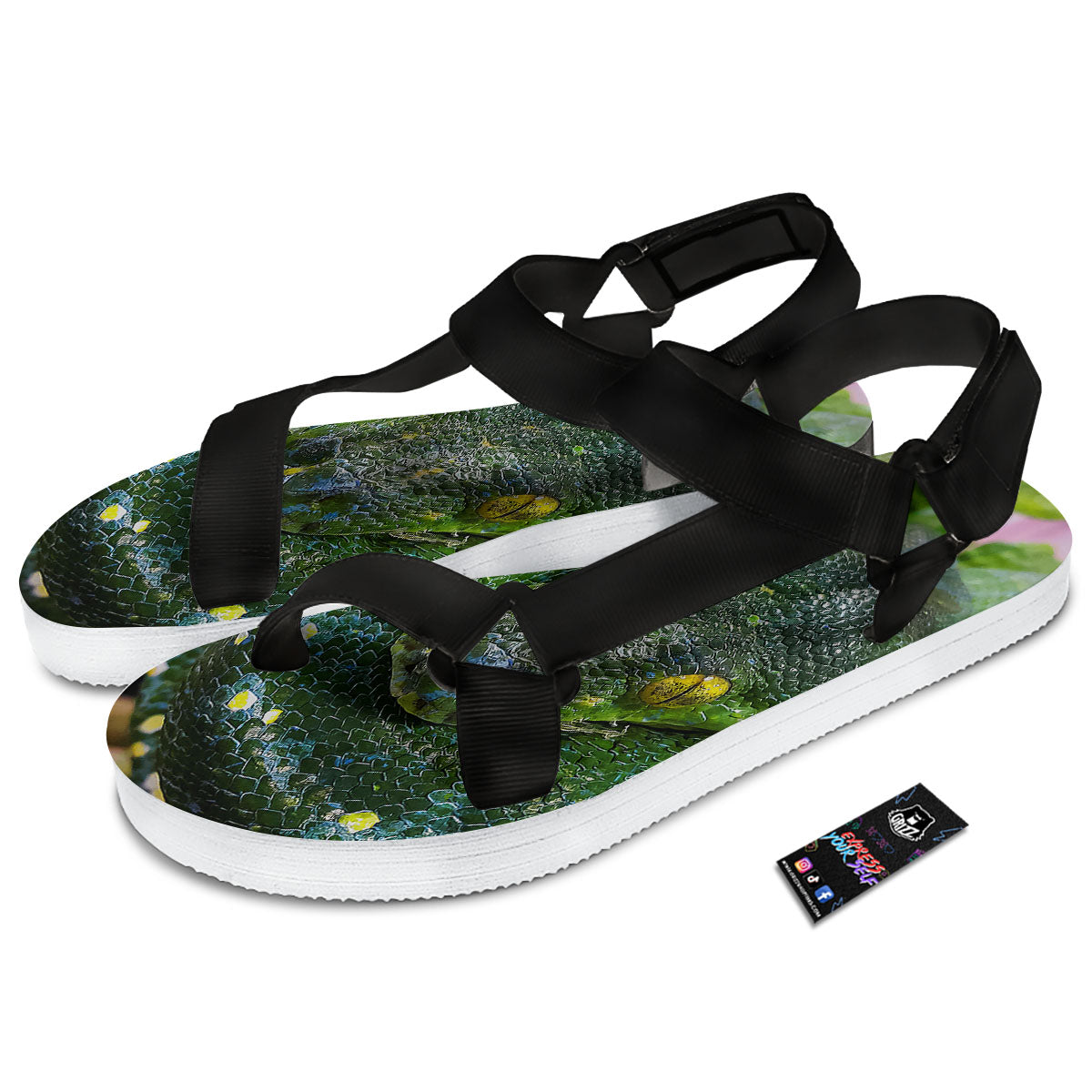 Python Snake Green Reticulated Print Black Open Toe Sandals-grizzshop