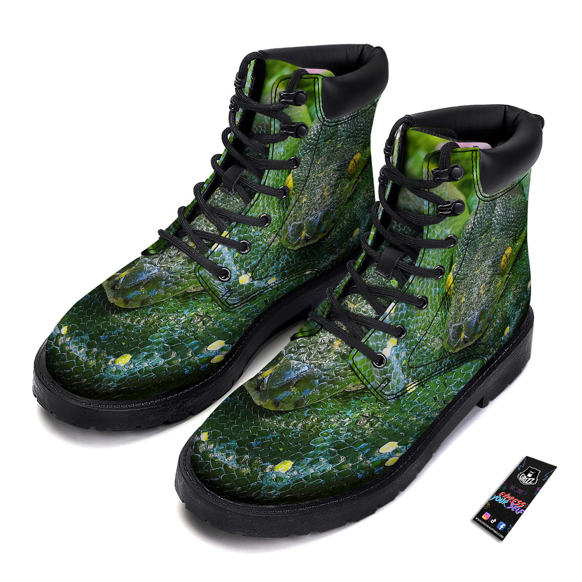 Python Snake Green Reticulated Print Boots-grizzshop