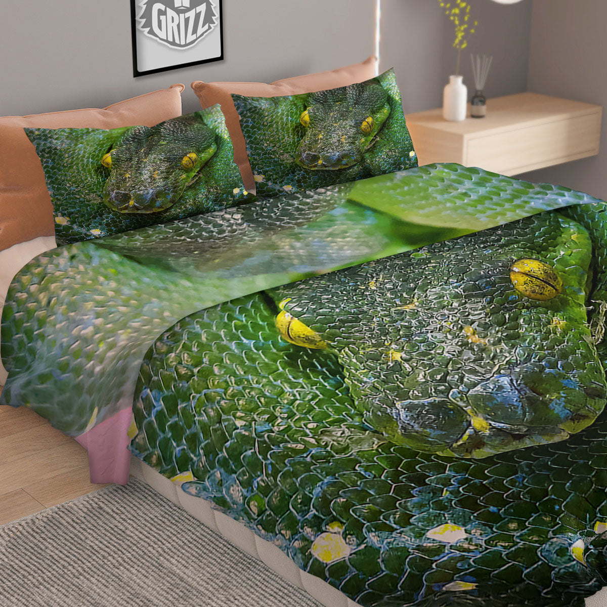 Python Snake Green Reticulated Print Duvet Cover Bedding Set