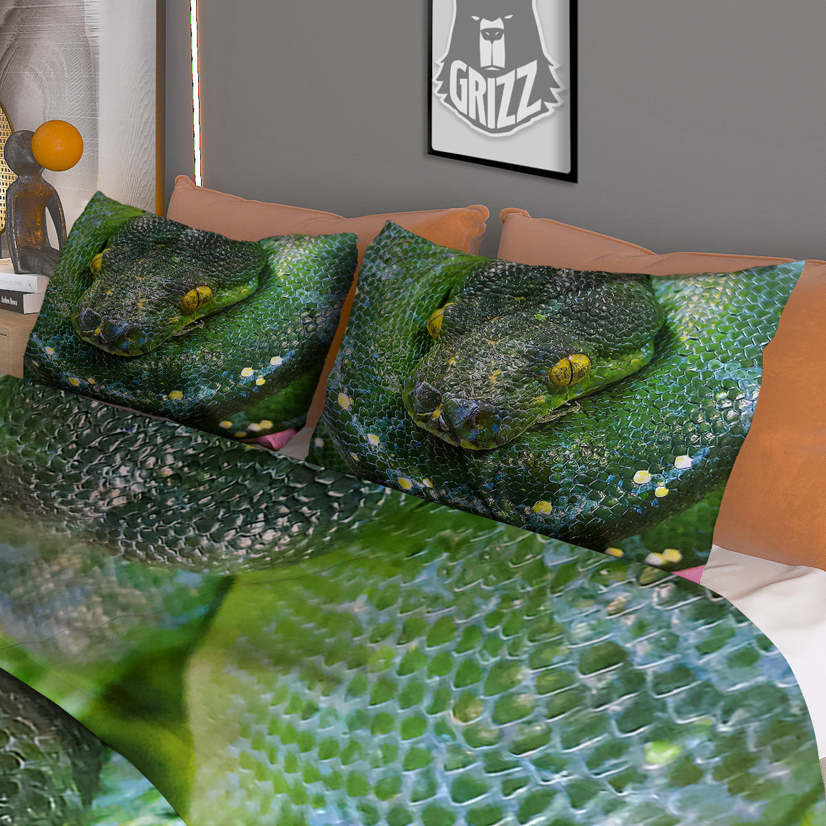 Python Snake Green Reticulated Print Duvet Cover Bedding Set