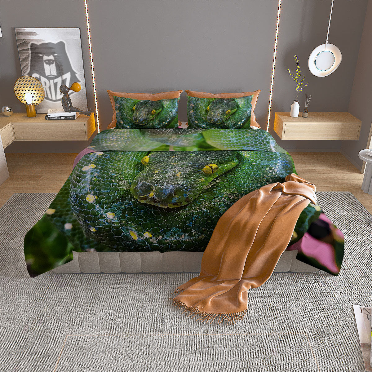 Python Snake Green Reticulated Print Duvet Cover Bedding Set