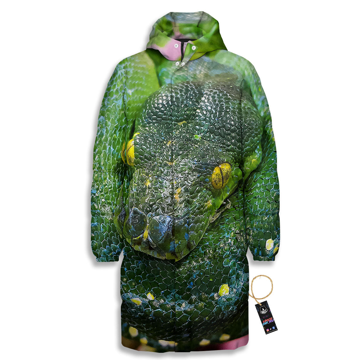 Python Snake Green Reticulated Print Long Down Jacket-grizzshop