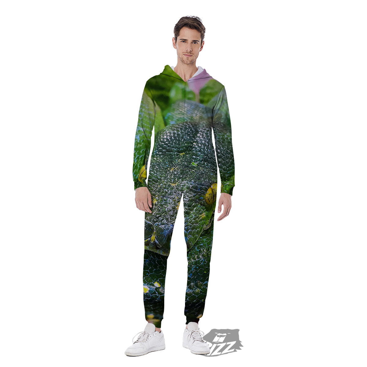 Python Snake Green Reticulated Print Men's Jumpsuit-grizzshop