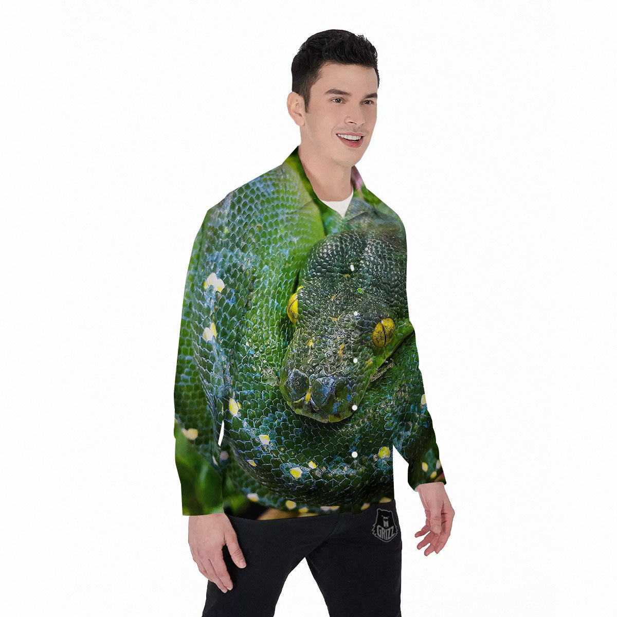 Python Snake Green Reticulated Print Men's Long Sleeve Shirts-grizzshop