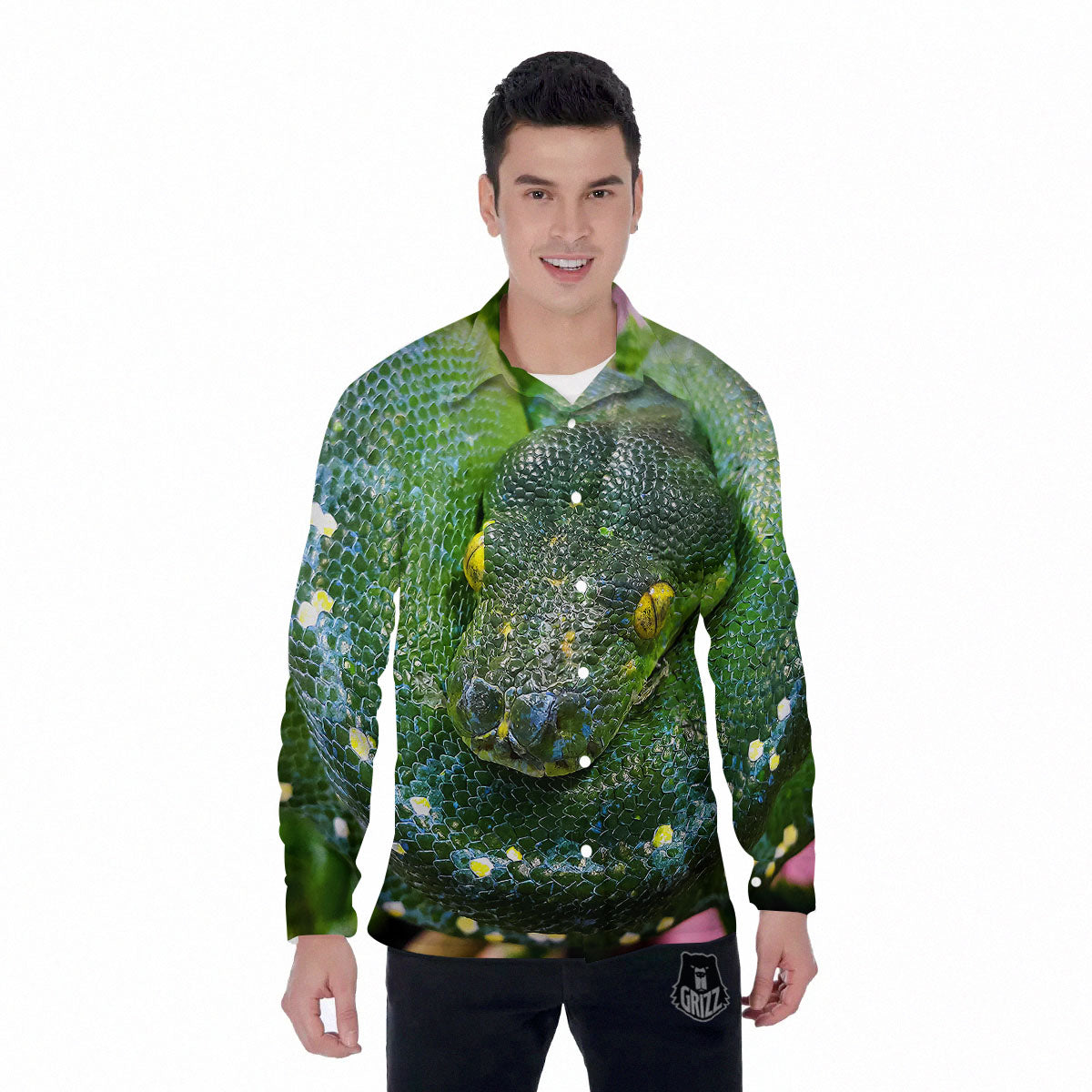 Python Snake Green Reticulated Print Men's Long Sleeve Shirts-grizzshop