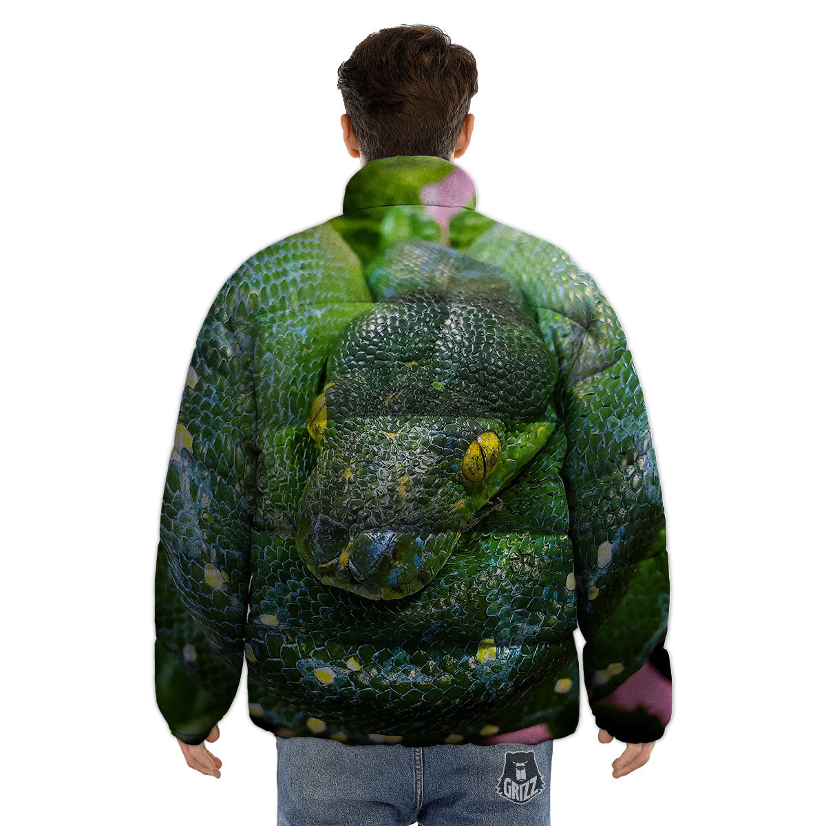 Python Snake Green Reticulated Print Puffer Jacket-grizzshop