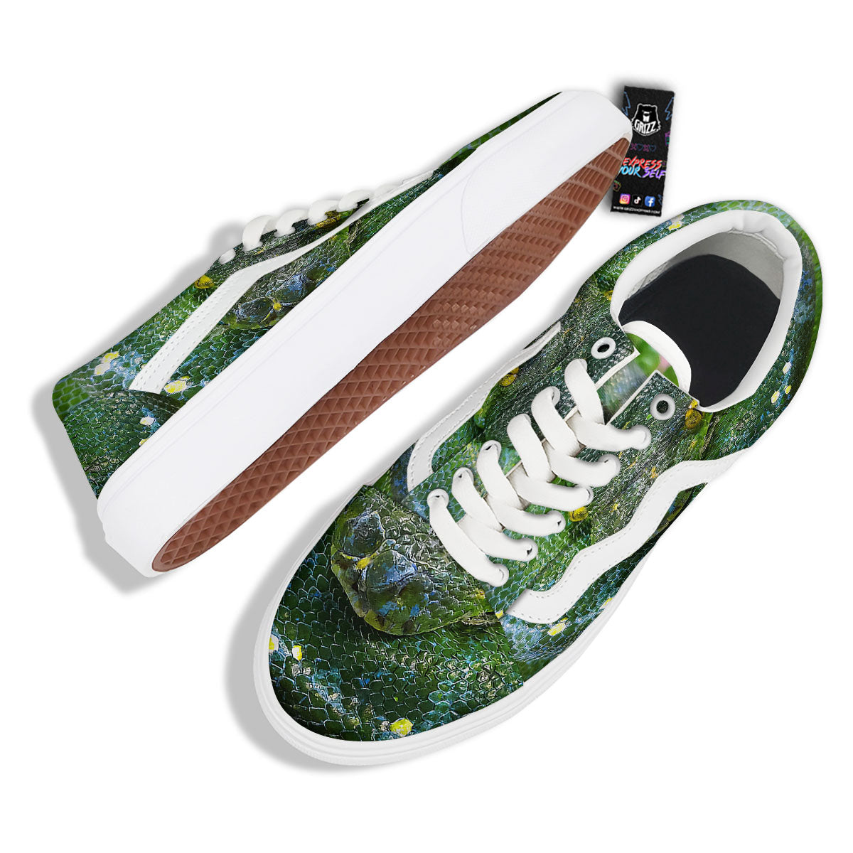 Python Snake Green Reticulated Print Skate Shoes-grizzshop