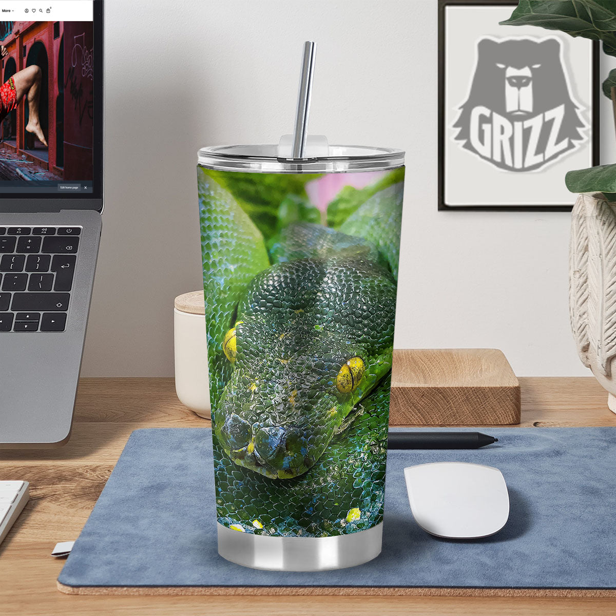 Python Snake Green Reticulated Print Tumbler-grizzshop