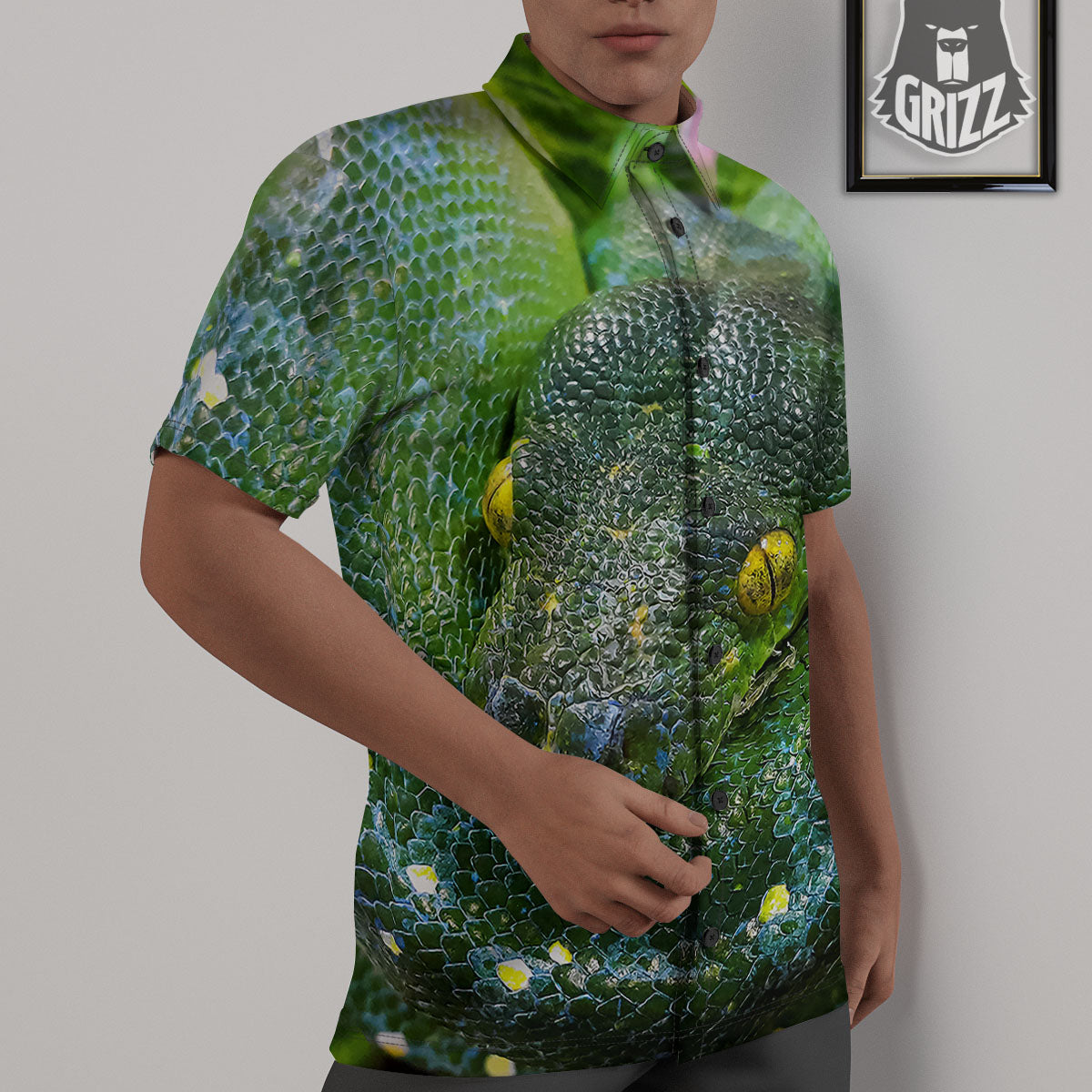 Python Snake Green Reticulated Print Untucked Shirts-grizzshop