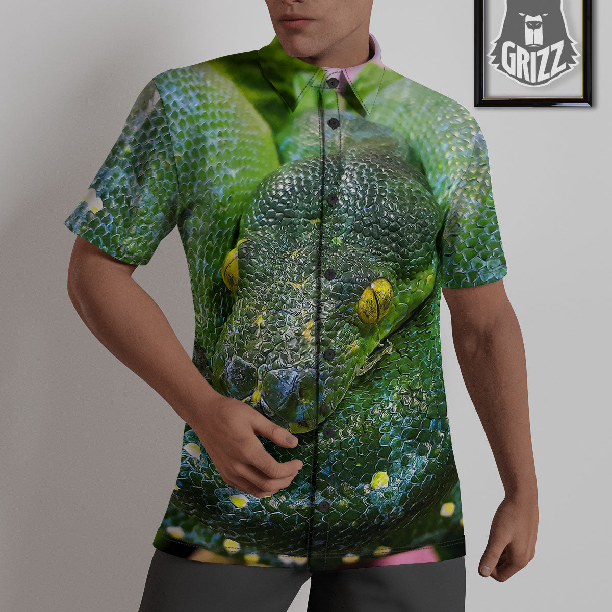 Python Snake Green Reticulated Print Untucked Shirts-grizzshop