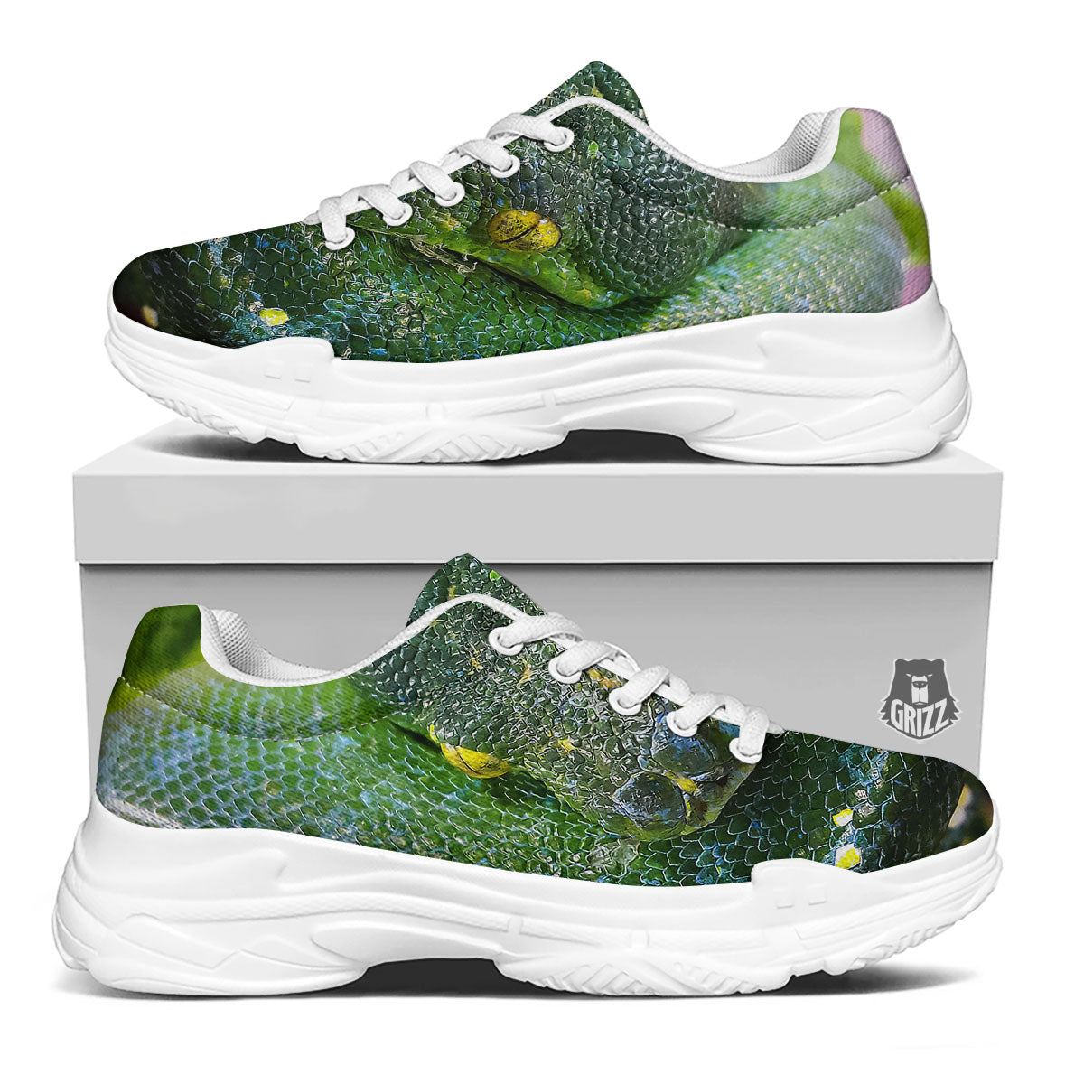 Python Snake Green Reticulated Print White Chunky Shoes-grizzshop