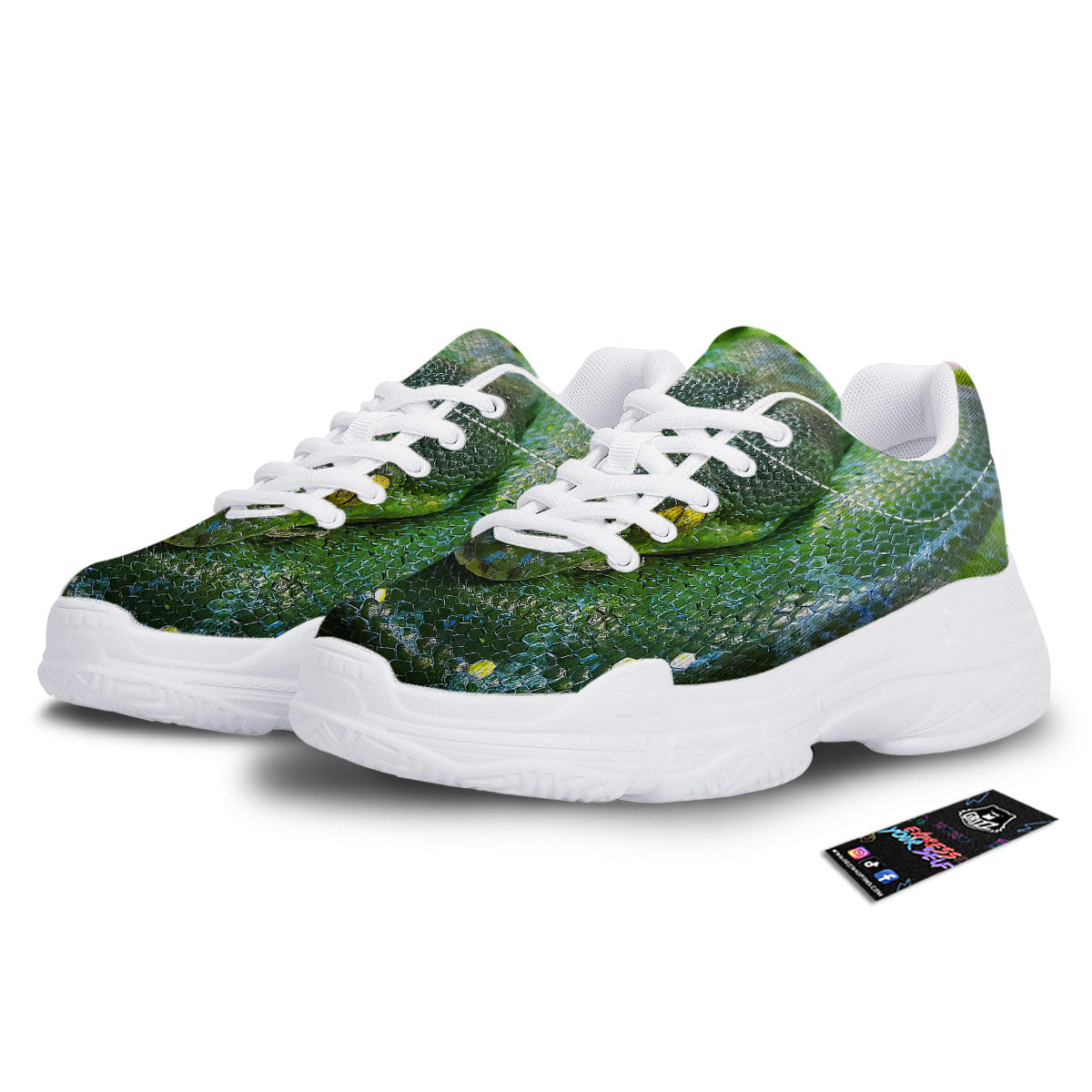 Python Snake Green Reticulated Print White Chunky Shoes-grizzshop