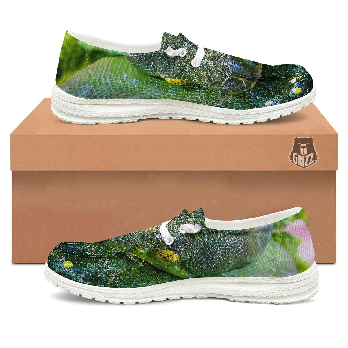 Python Snake Green Reticulated Print White Loafers-grizzshop