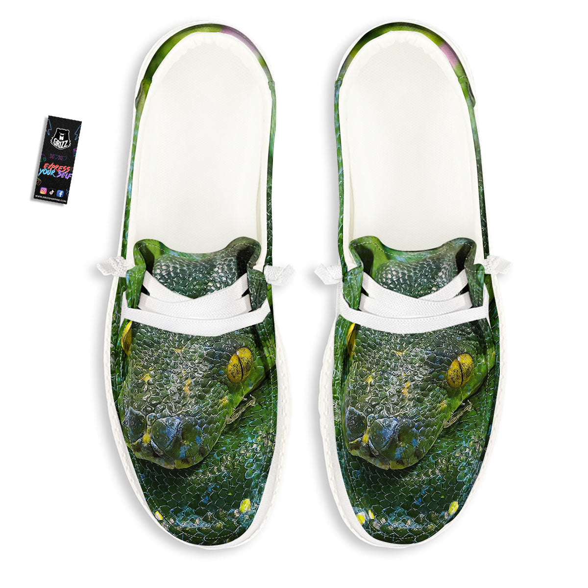 Python Snake Green Reticulated Print White Loafers-grizzshop