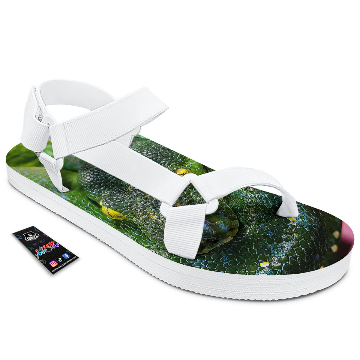 Python Snake Green Reticulated Print White Open Toe Sandals-grizzshop