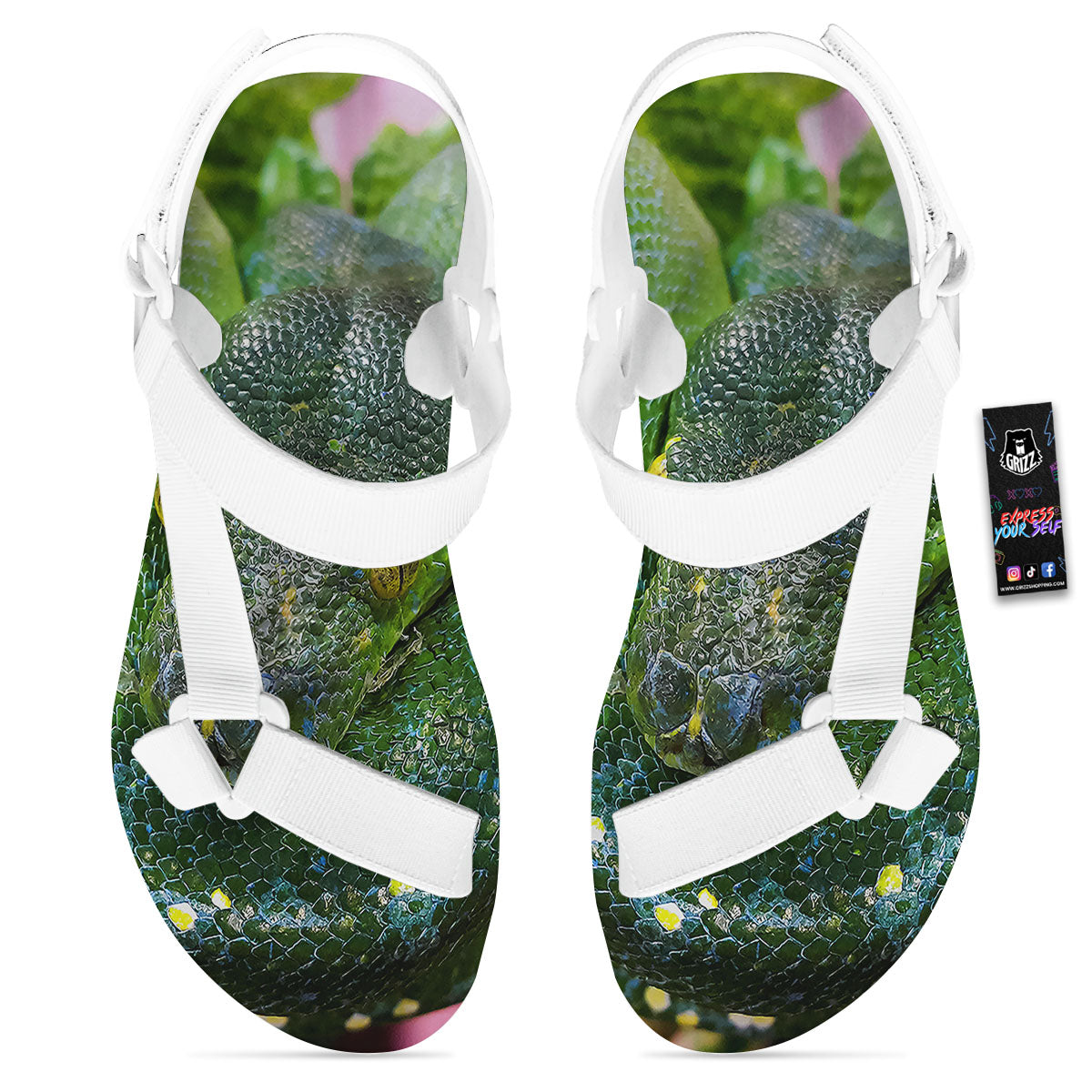 Python Snake Green Reticulated Print White Open Toe Sandals-grizzshop