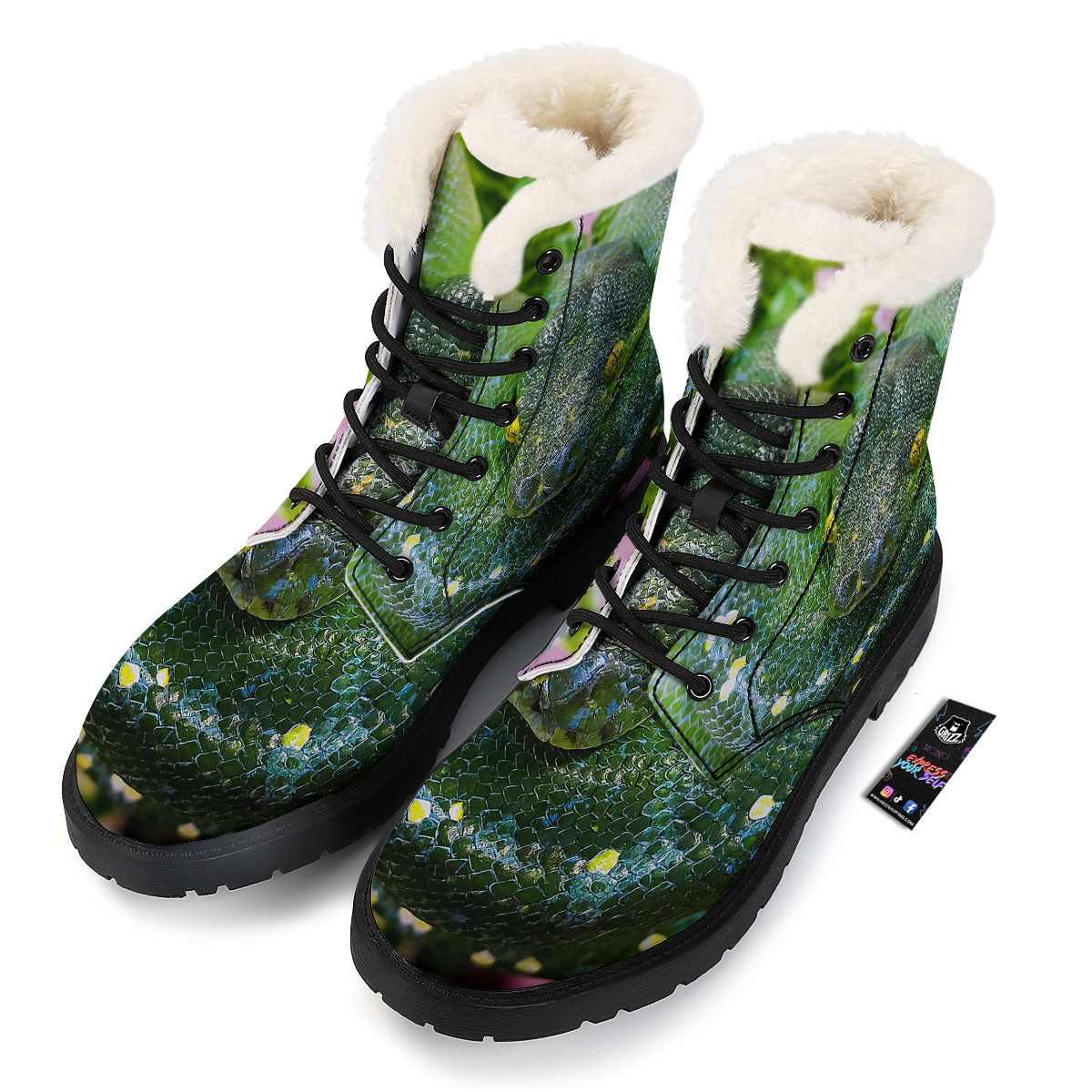 Python Snake Green Reticulated Print Winter Boots-grizzshop