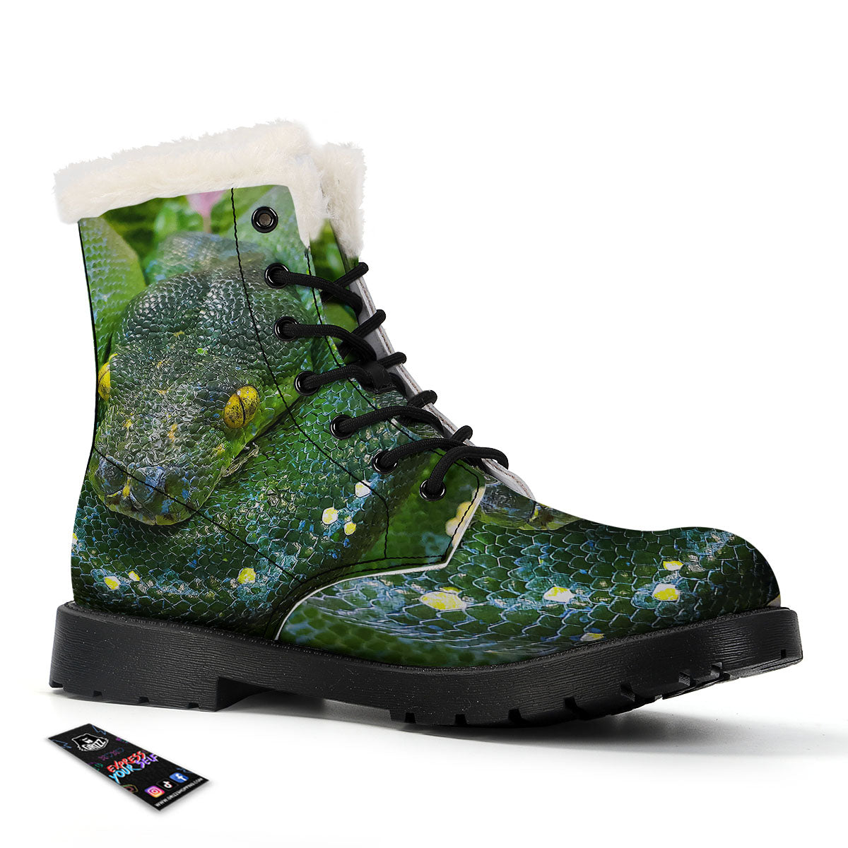 Python Snake Green Reticulated Print Winter Boots-grizzshop