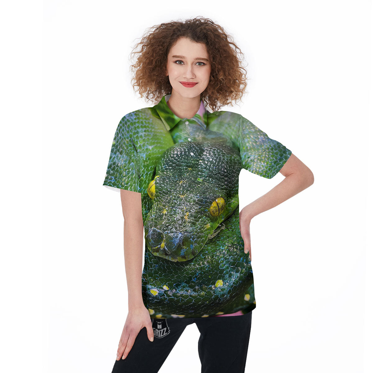 Python Snake Green Reticulated Print Women's Golf Shirts-grizzshop