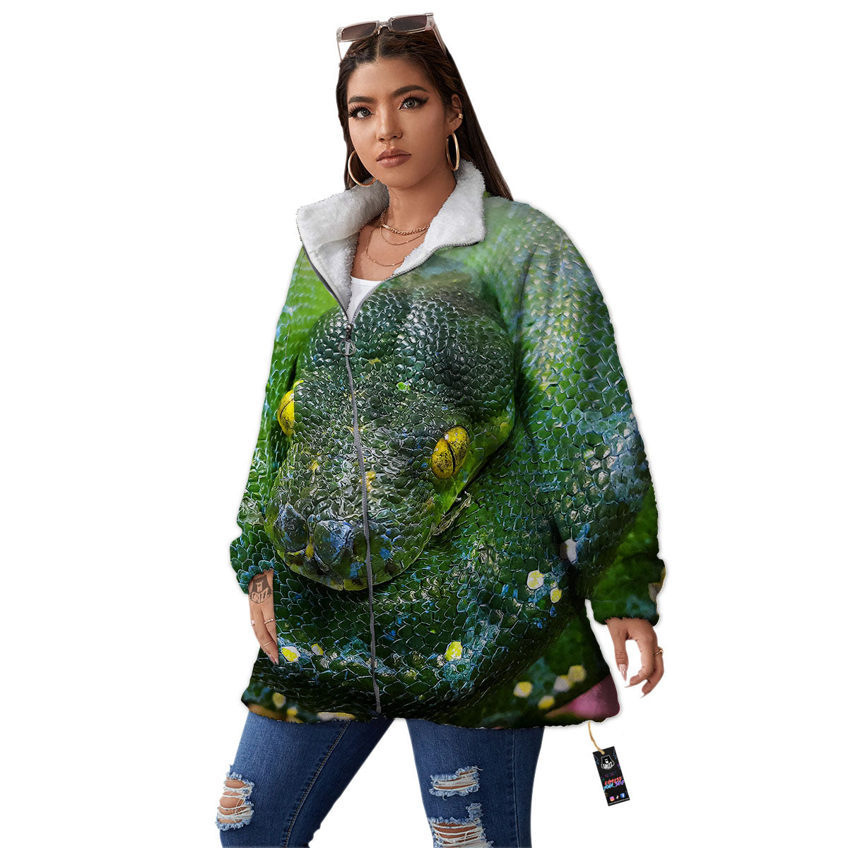 Python Snake Green Reticulated Print Women's Sherpa Jacket-grizzshop