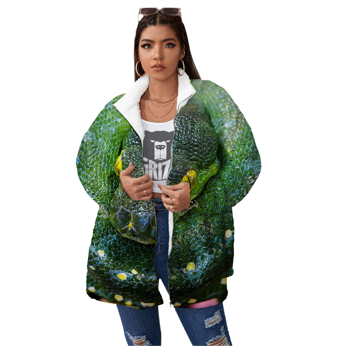 Python Snake Green Reticulated Print Women's Sherpa Jacket-grizzshop