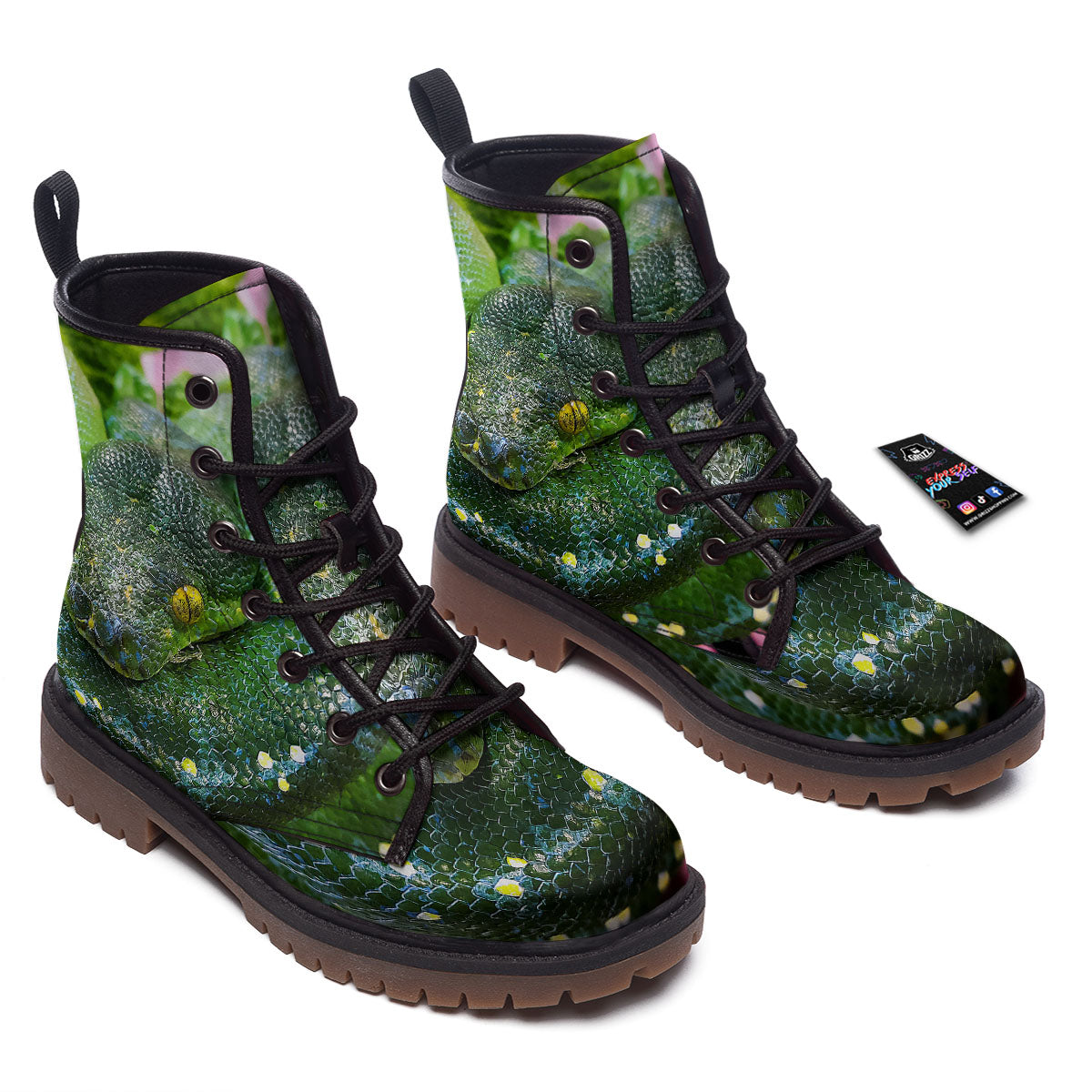 Python Snake Green Reticulated Print Work Boots-grizzshop