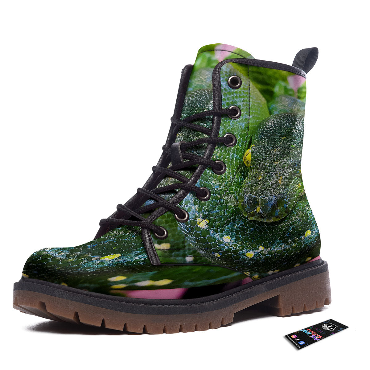 Python Snake Green Reticulated Print Work Boots-grizzshop