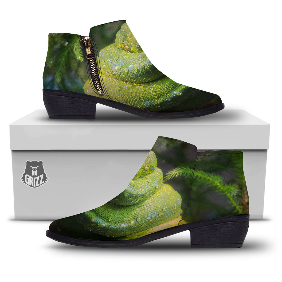 Python Snake Green Tree Print Ankle Boots-grizzshop
