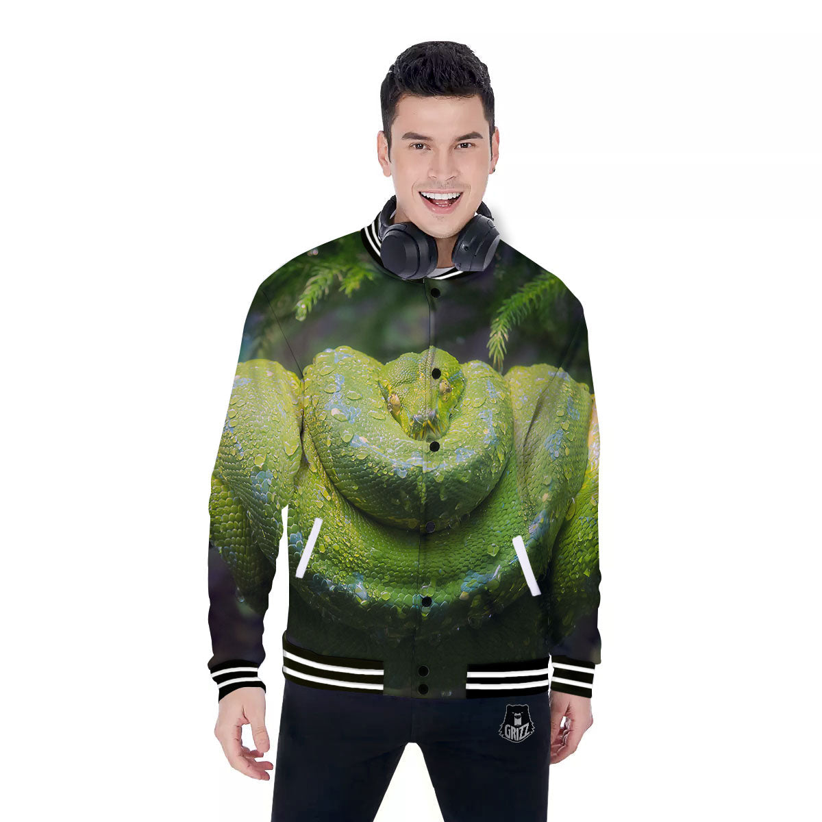 Python Snake Green Tree Print Baseball Jacket-grizzshop