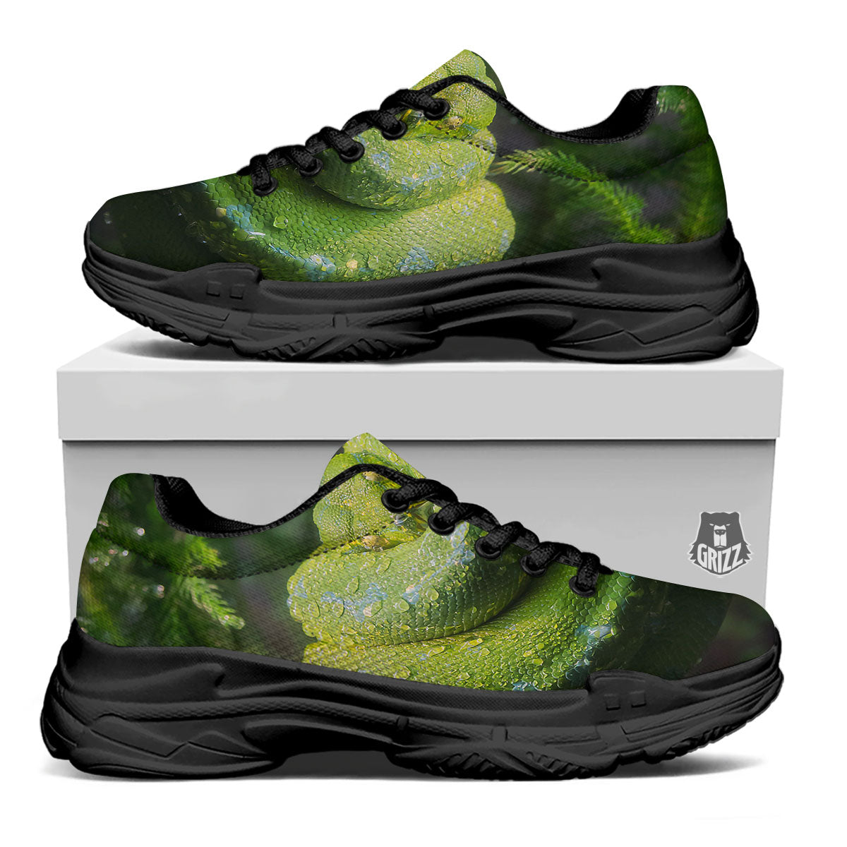 Python Snake Green Tree Print Black Chunky Shoes-grizzshop