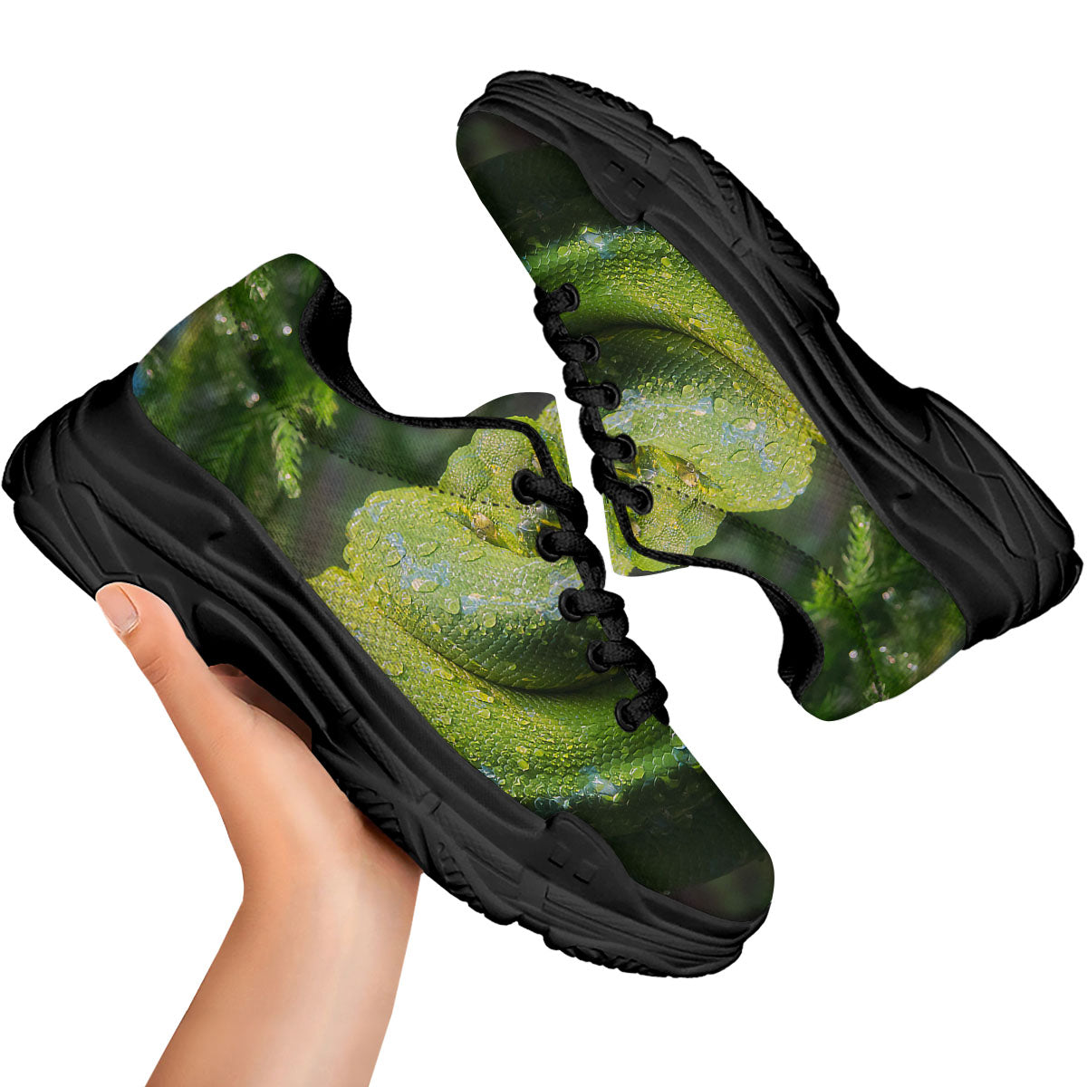 Python Snake Green Tree Print Black Chunky Shoes-grizzshop
