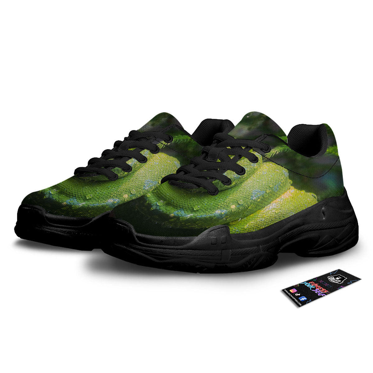 Python Snake Green Tree Print Black Chunky Shoes-grizzshop