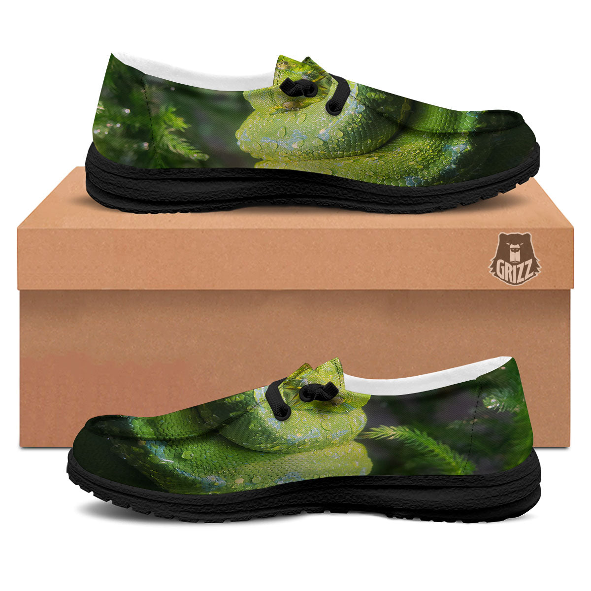 Python Snake Green Tree Print Black Loafers-grizzshop