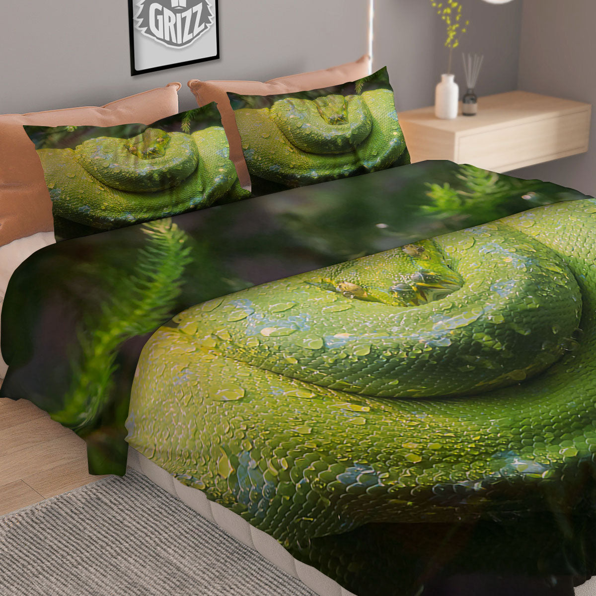 Python Snake Green Tree Print Duvet Cover Bedding Set