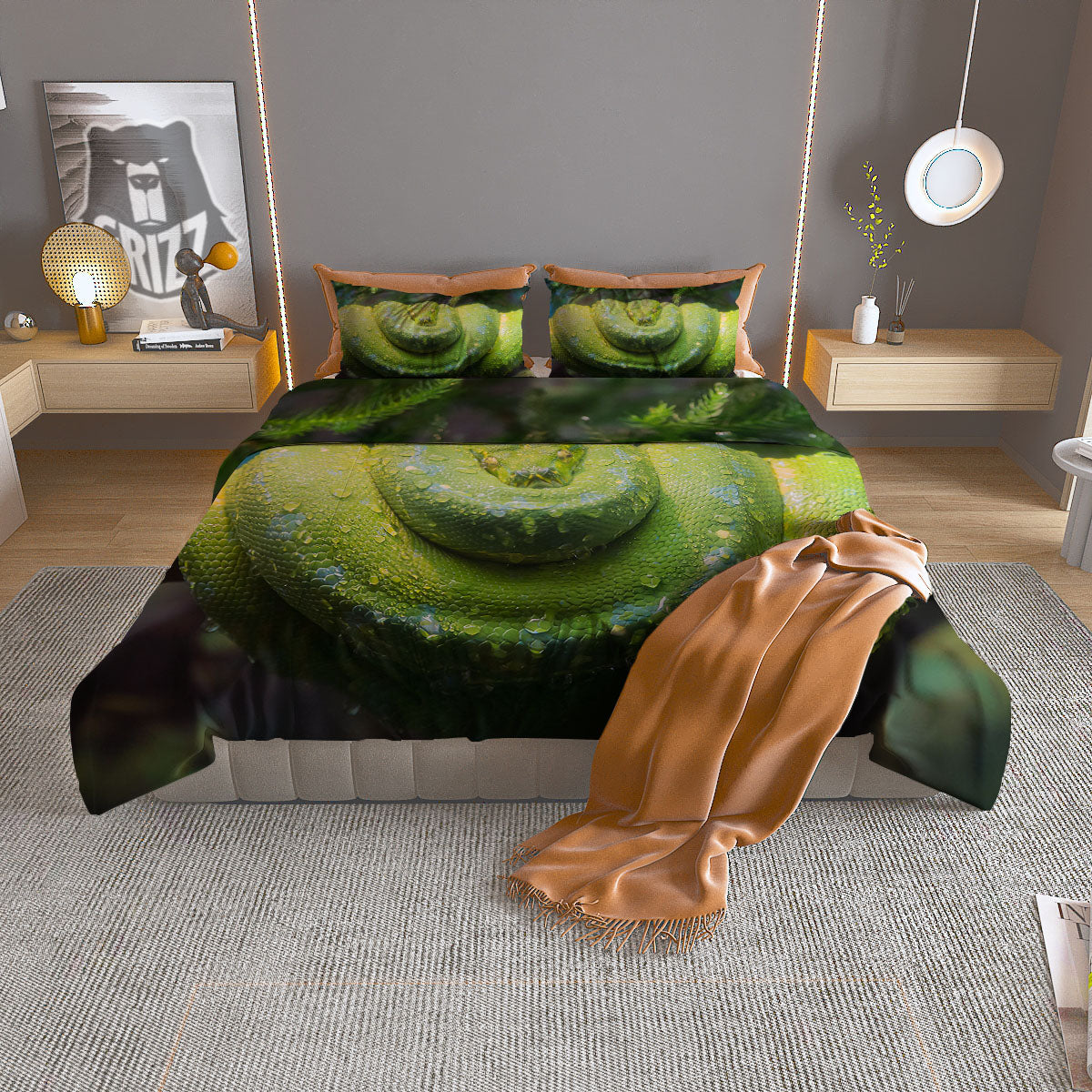Python Snake Green Tree Print Duvet Cover Bedding Set