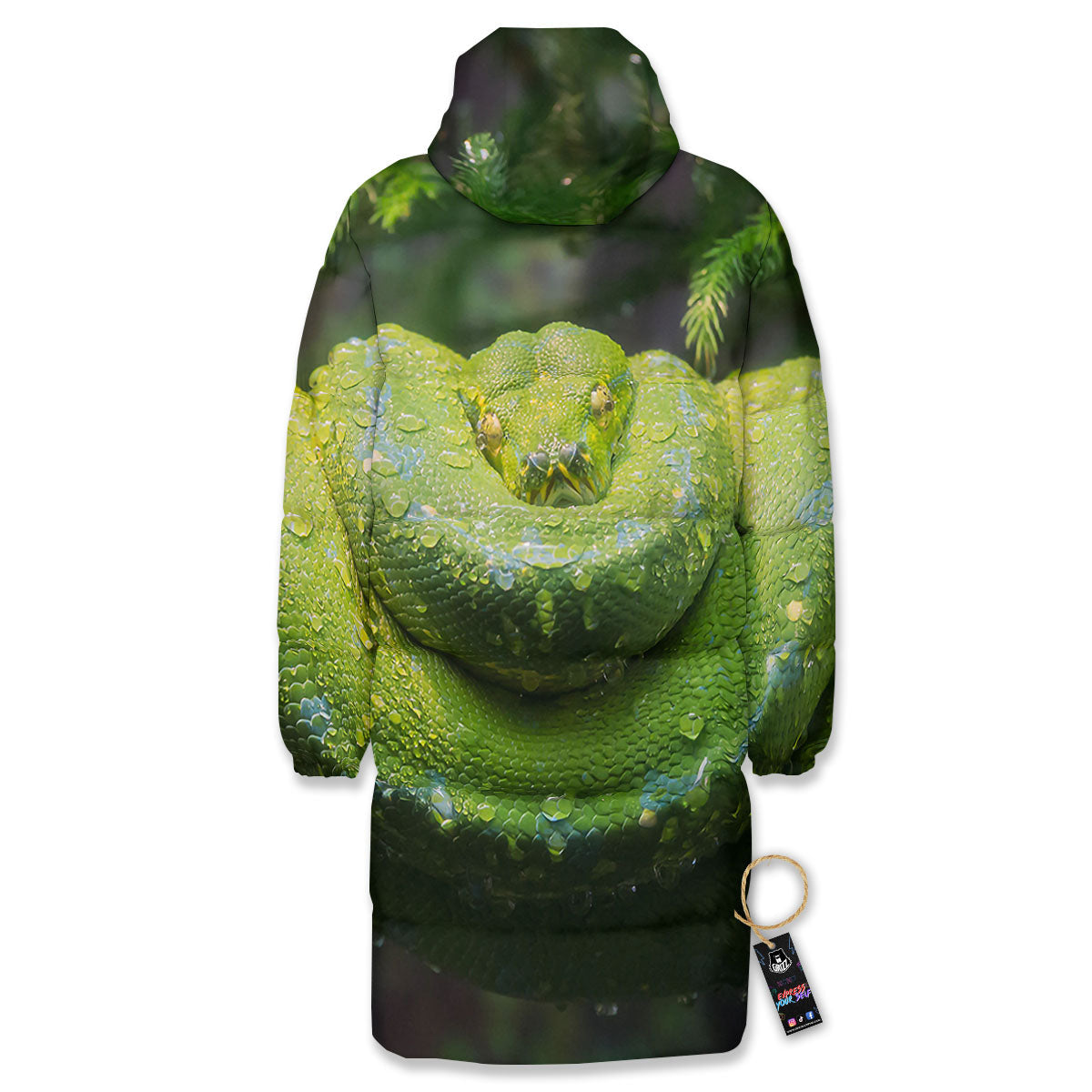 Python Snake Green Tree Print Long Down Jacket-grizzshop